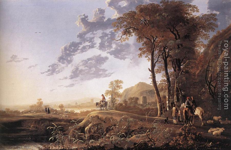 Aelbert Cuyp : Evening landscape With Horsemen And Shepherds